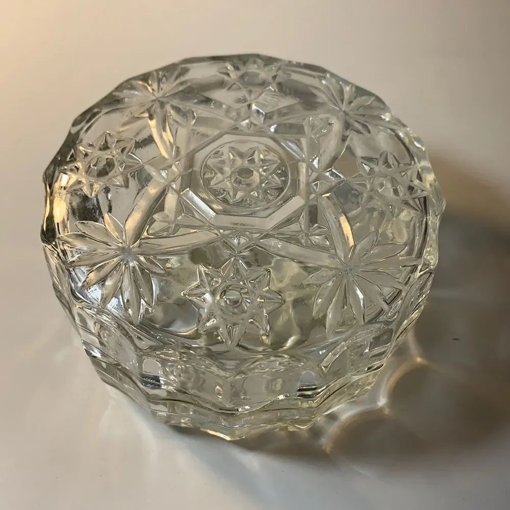 Sun Shooting Star Vintage Cut Glass Trinket Box 2 Inches Tall 4 Inches Round